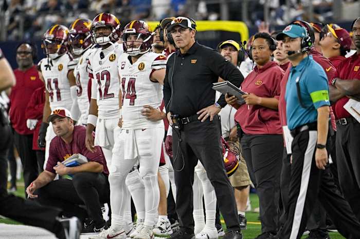 Washington Commanders head coach Ron Rivera during the second quarter of the game between the Dallas Cowboys and the Washington Commanders at AT&T Stadium.